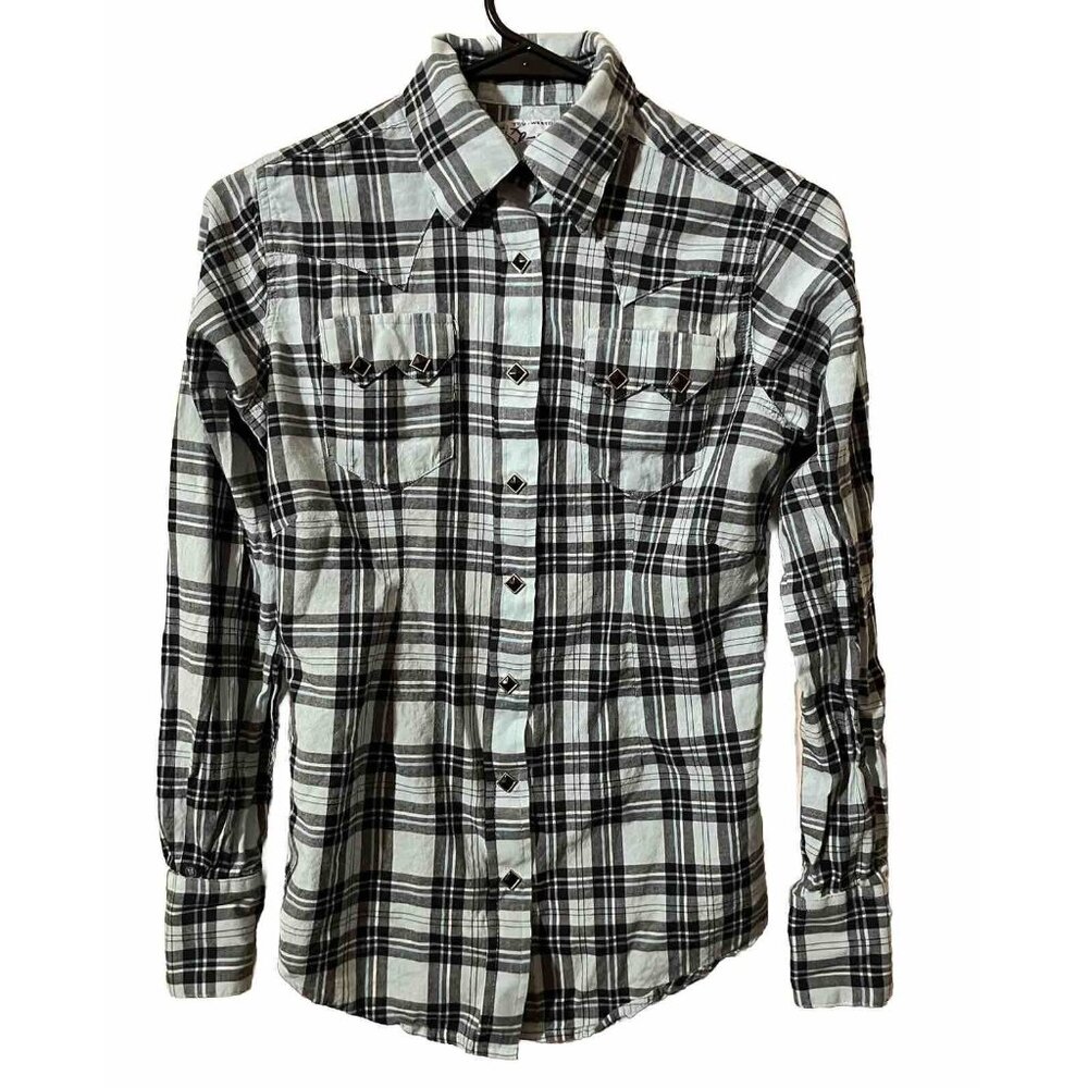 Rockmount Ranch Wear Women's XS Pearl Snap Mint Green Black White Plaid Shirt
